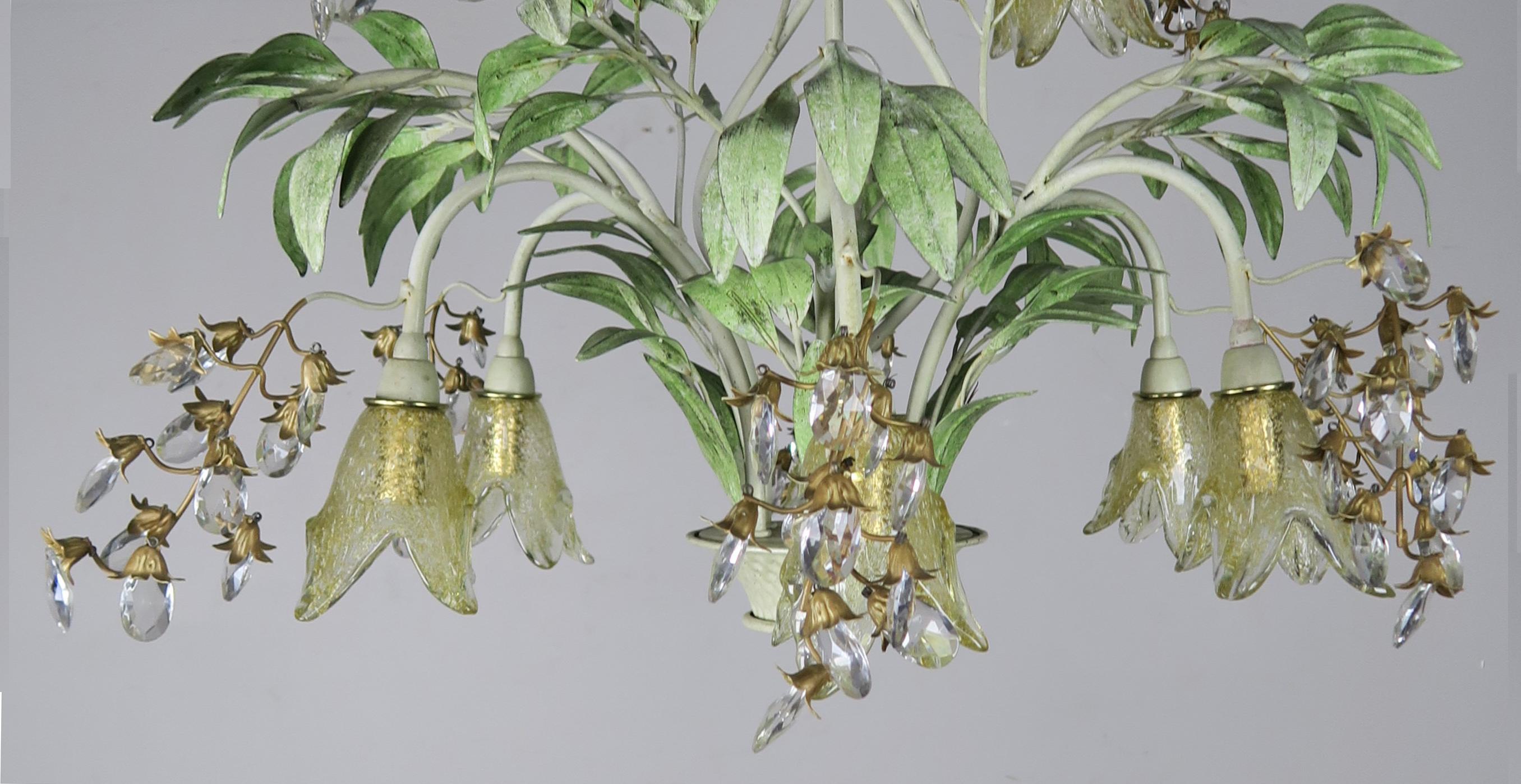 Rococo Painted Tole and Murano Glass Chandelier, circa 1930s