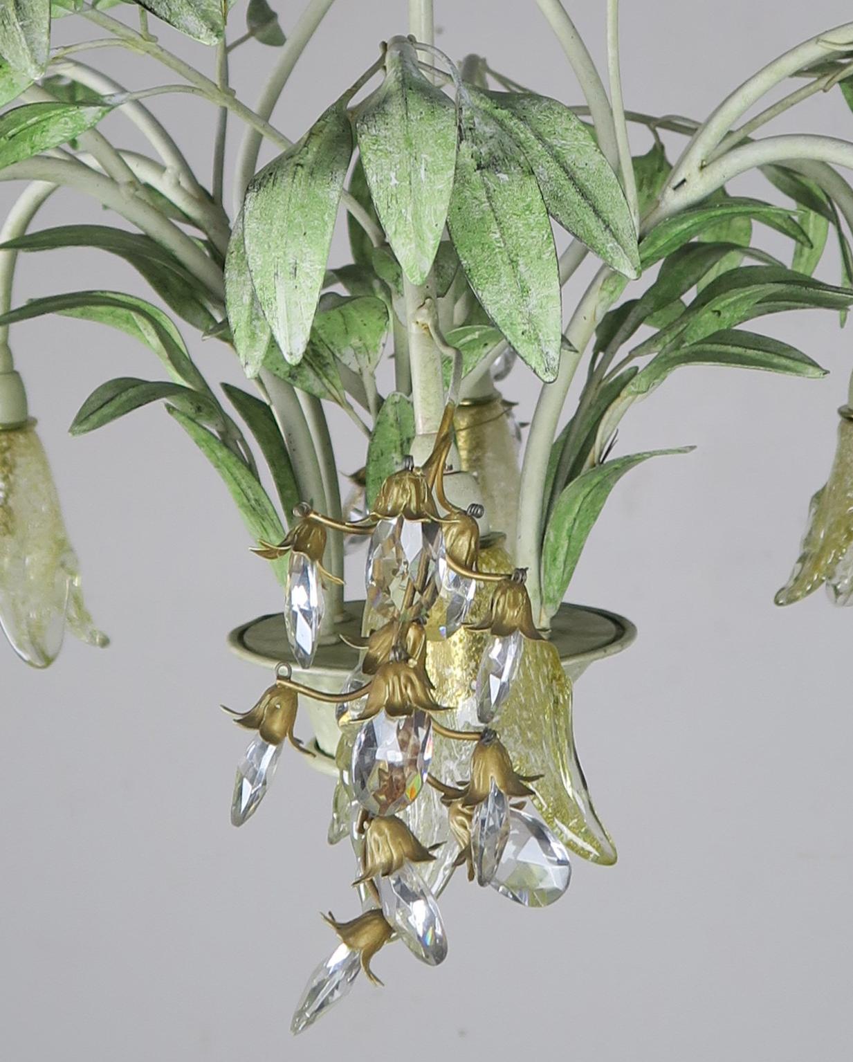 Hand-Painted Painted Tole and Murano Glass Chandelier, circa 1930s