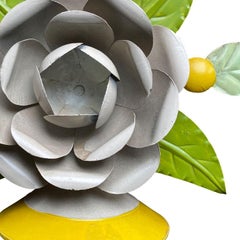 Painted Tole Candleholder with Yellow and Purple Flower and Bird Motif