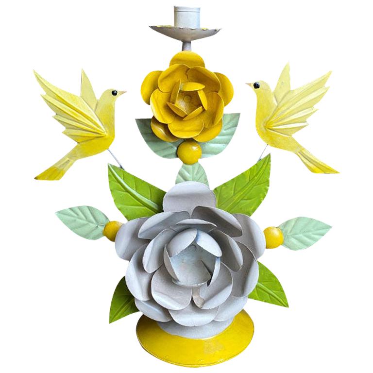 Painted Tole Candleholder with Yellow and Purple Flower and Bird Motif