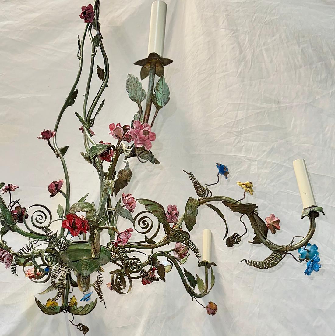 Italian Painted Tole Chandelier with Flowers For Sale