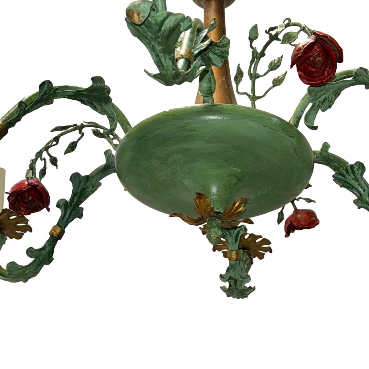 Italian Painted Tole Chandelier with Flowers For Sale