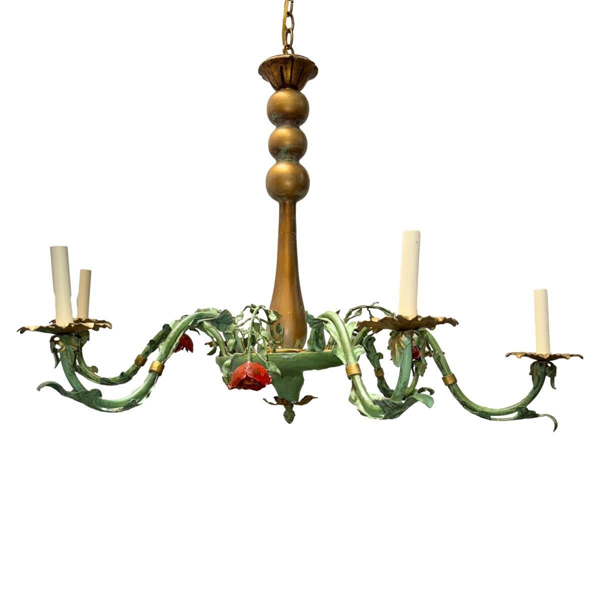 Painted Tole Chandelier with Flowers In Good Condition For Sale In New York, NY