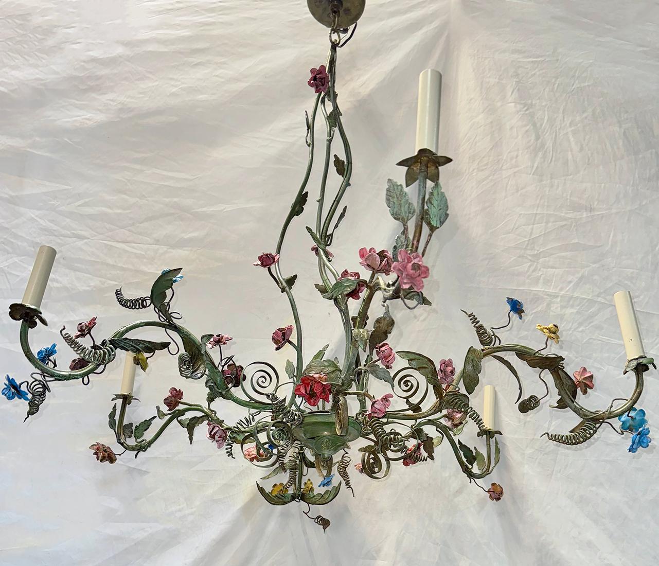 Early 20th Century Painted Tole Chandelier with Flowers For Sale