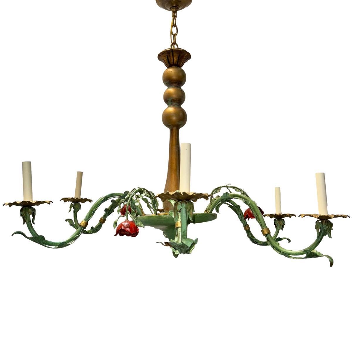 Metal Painted Tole Chandelier with Flowers For Sale