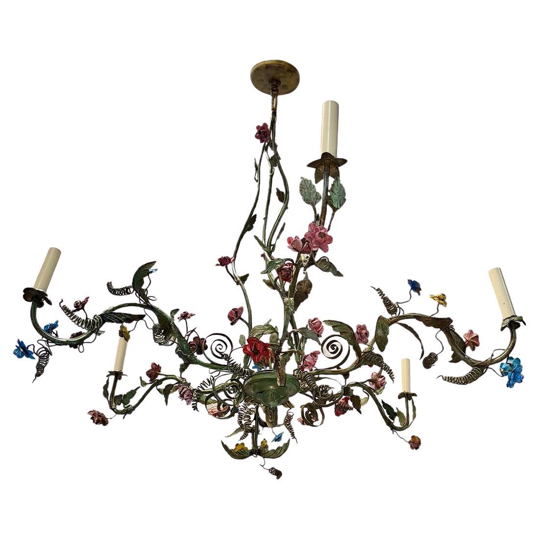 Painted Tole Chandelier with Flowers For Sale