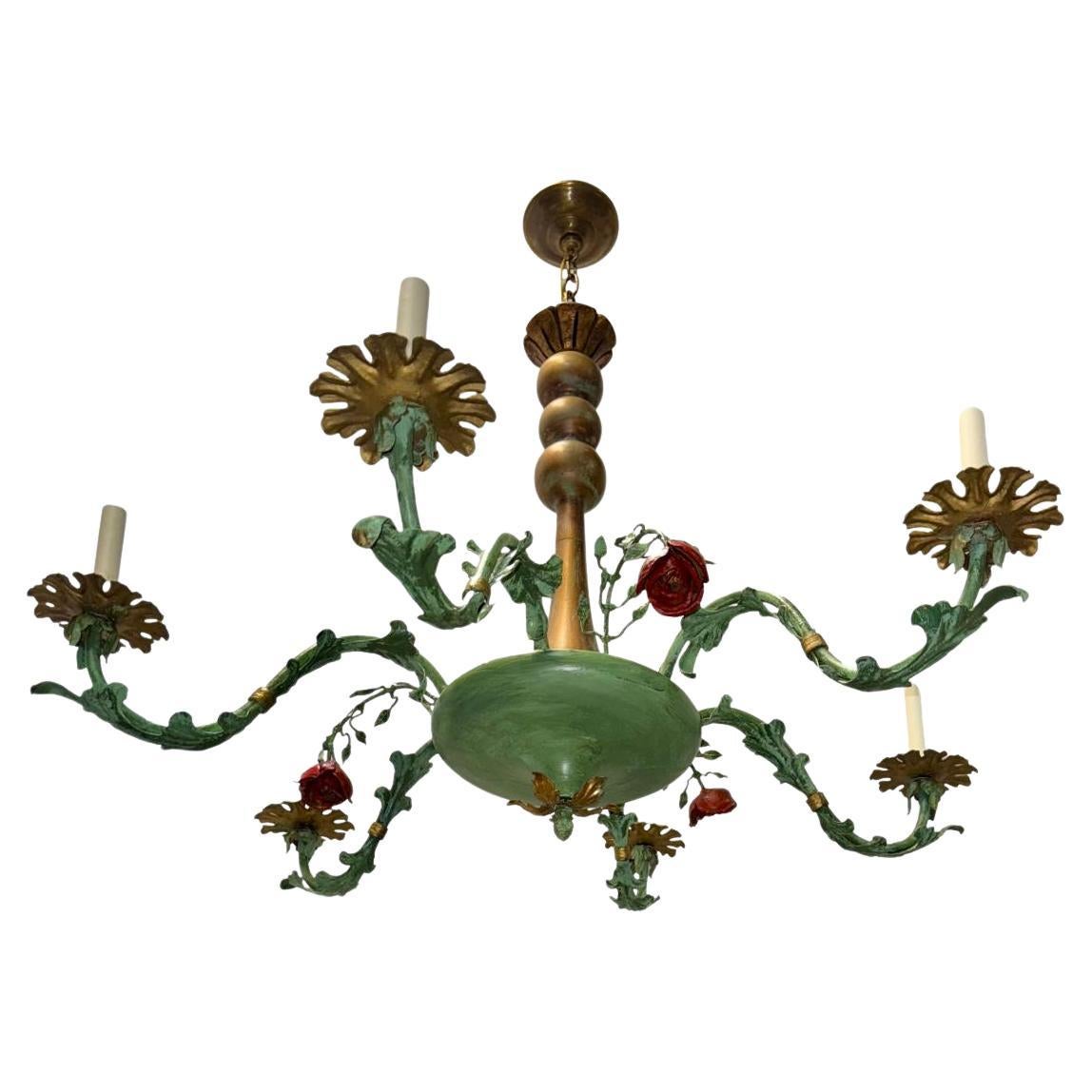 Painted Tole Chandelier with Flowers