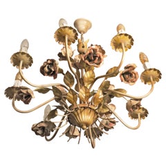 Painted Tole Chandelier with Roses Eight Lights, Mid Century