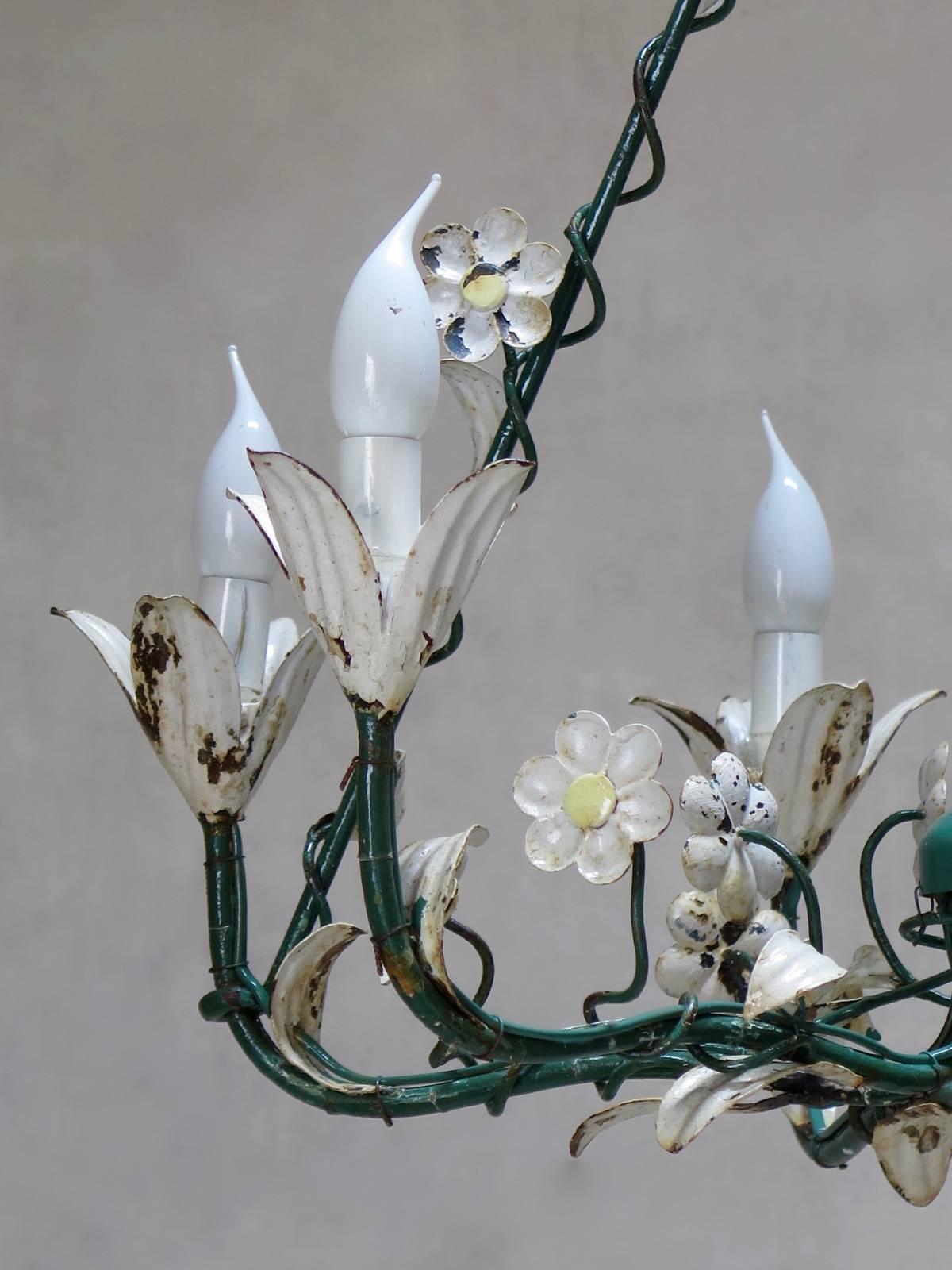 French Painted Tole Flower Chandelier, France, circa 1940s For Sale