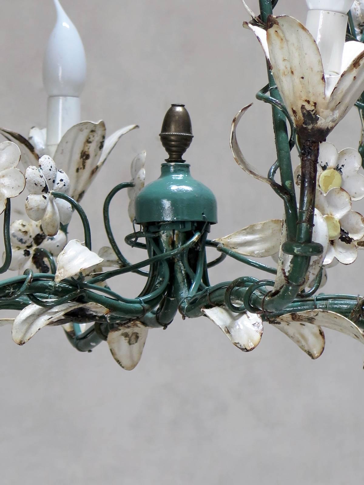 20th Century Painted Tole Flower Chandelier, France, circa 1940s For Sale