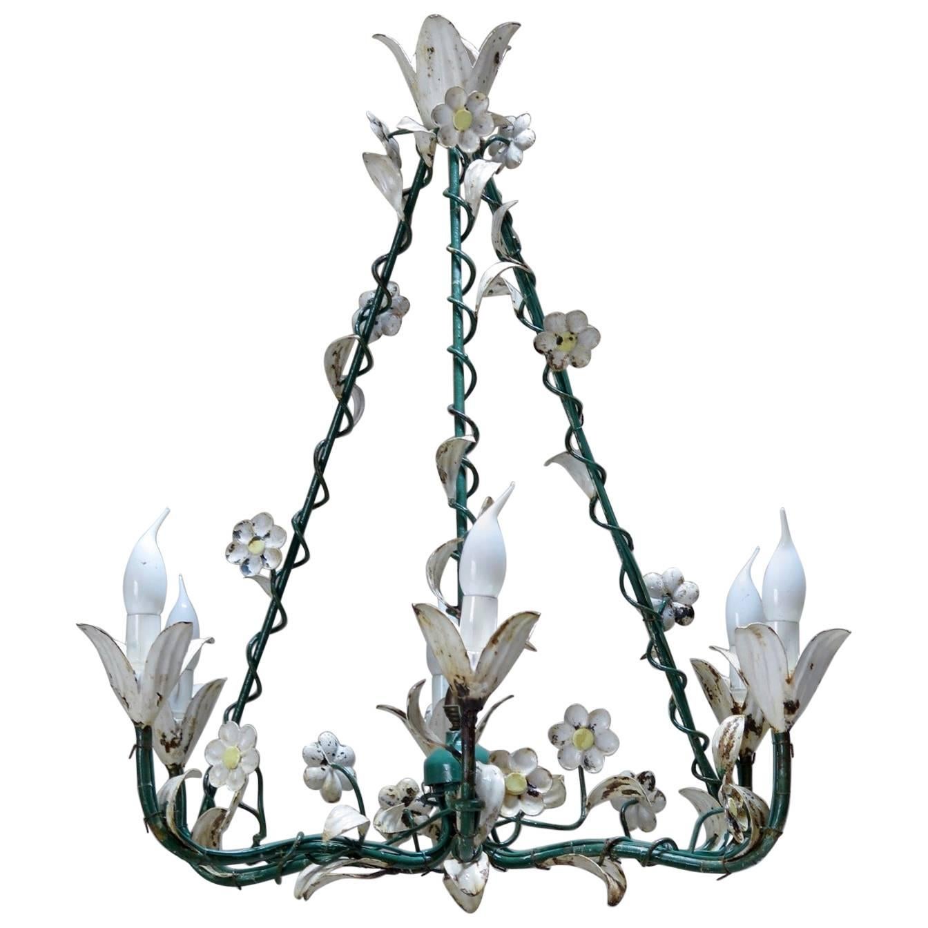 Painted Tole Flower Chandelier, France, circa 1940s For Sale