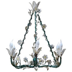 Retro Painted Tole Flower Chandelier, France, circa 1940s