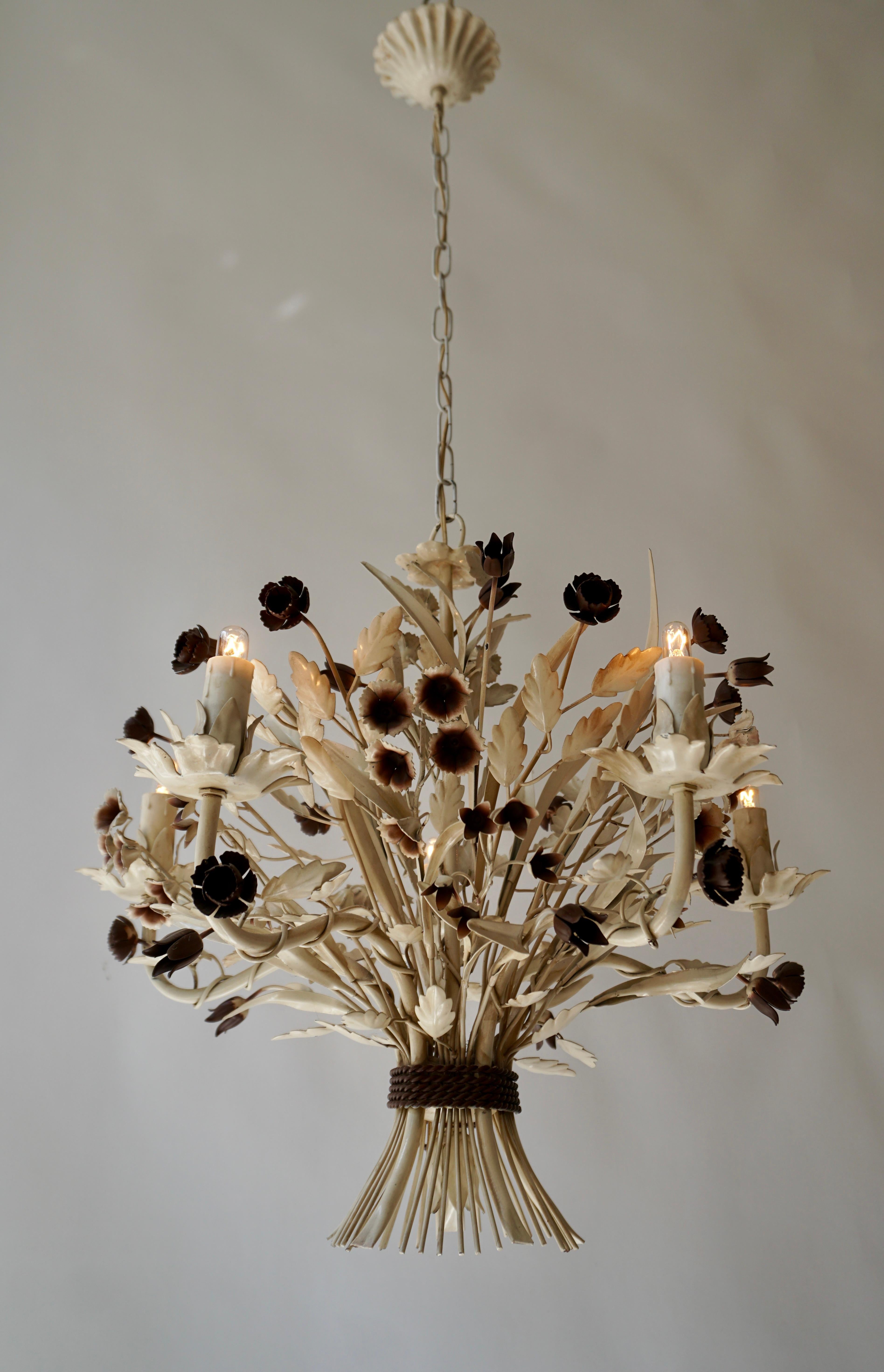 Italian Painted Tole Flower Chandelier, Italy, circa 1950s For Sale