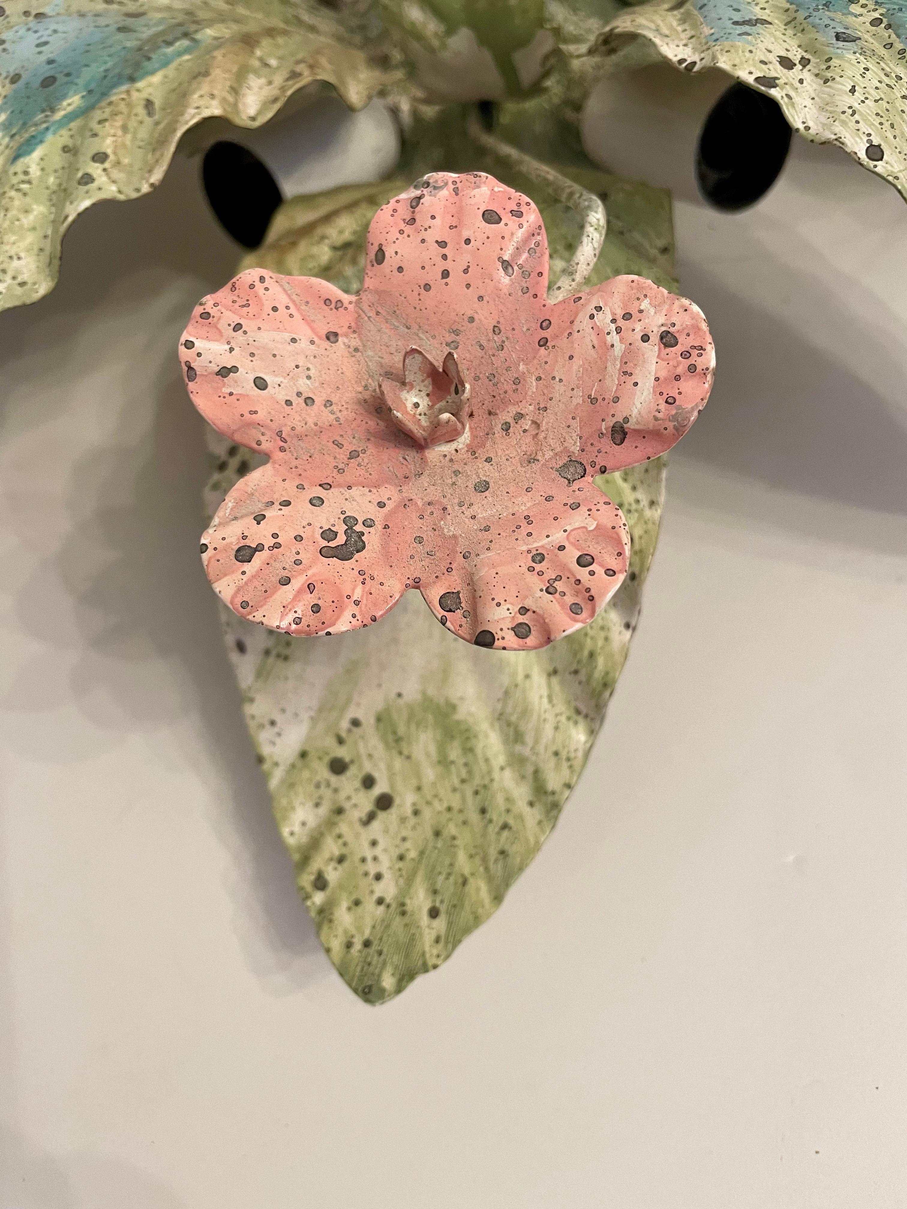 Painted Tole Flush Mount Floral Chandelier In Good Condition In New York, NY