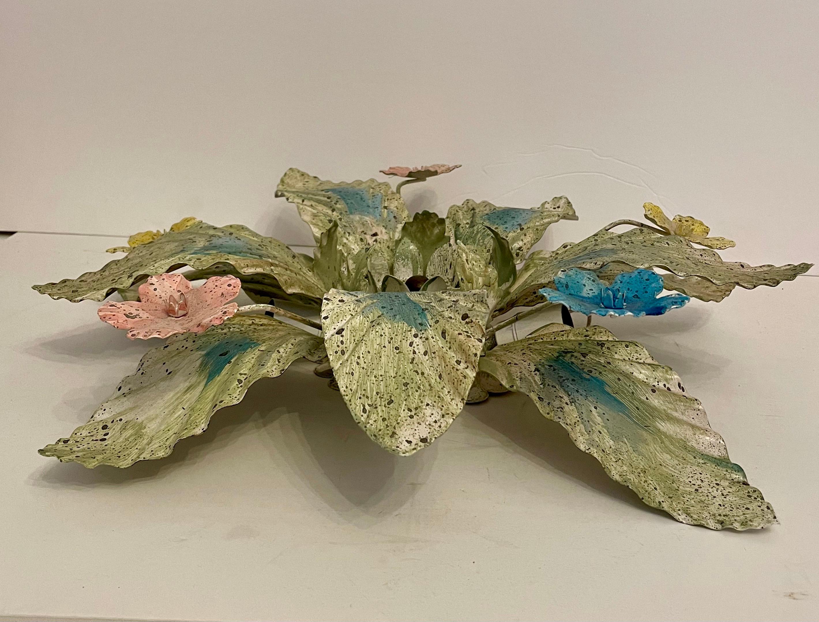 20th Century Painted Tole Flush Mount Floral Chandelier