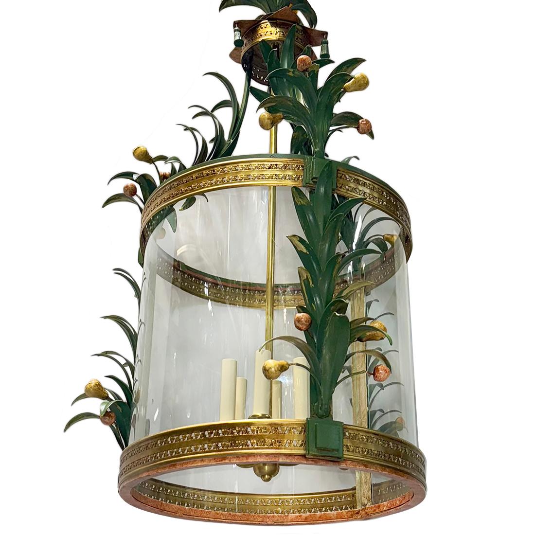 A circa 1960's Italian tole lantern with palm and fruit painted motif with 6 candelabra lights.

Measurements:
Height: 40