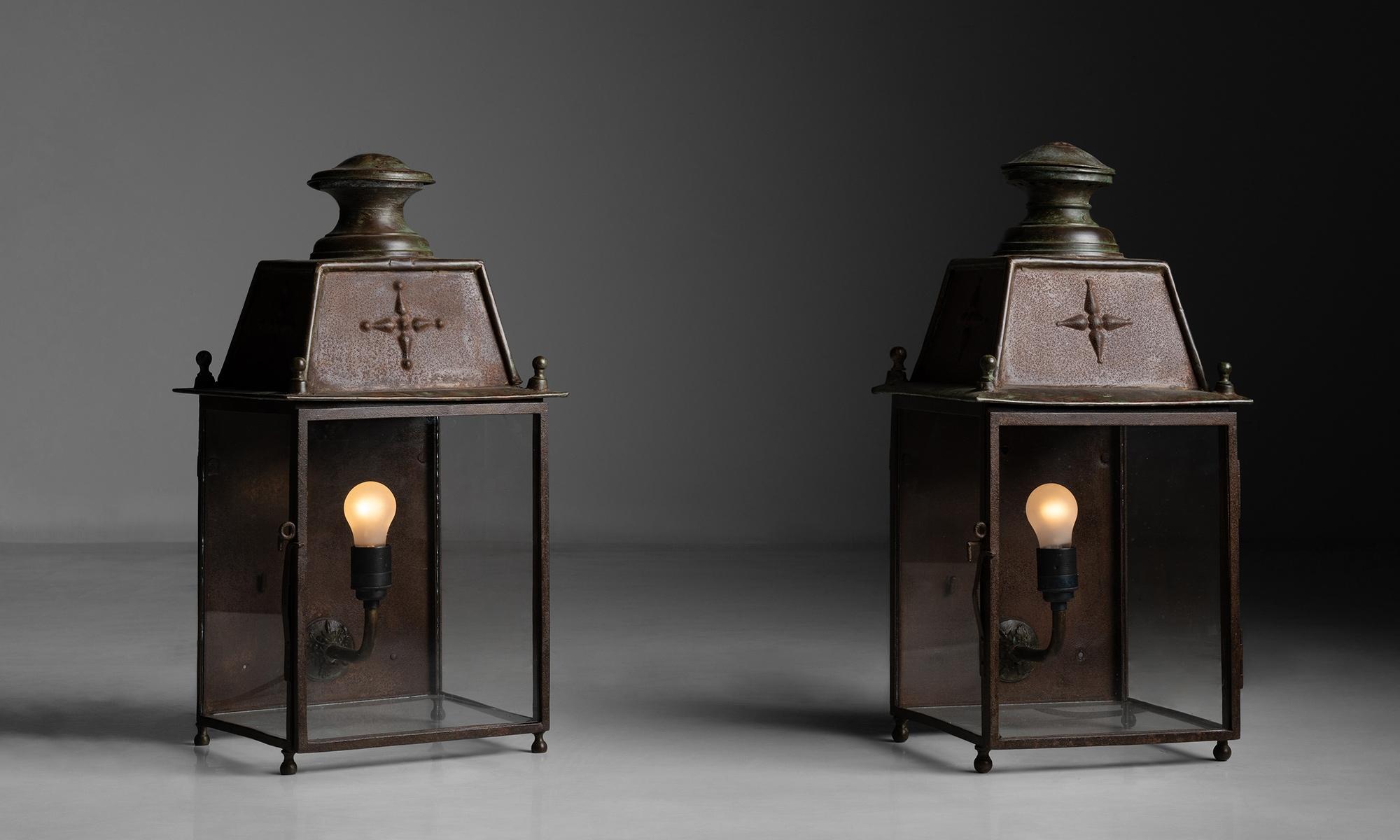 *Please note the price is per unit, and the lights are sold individually*

Painted Tole Lanterns

France Circa 1920

In original distressed finish and newly wired.

Measures: 11”w x 10”d x 23”h.