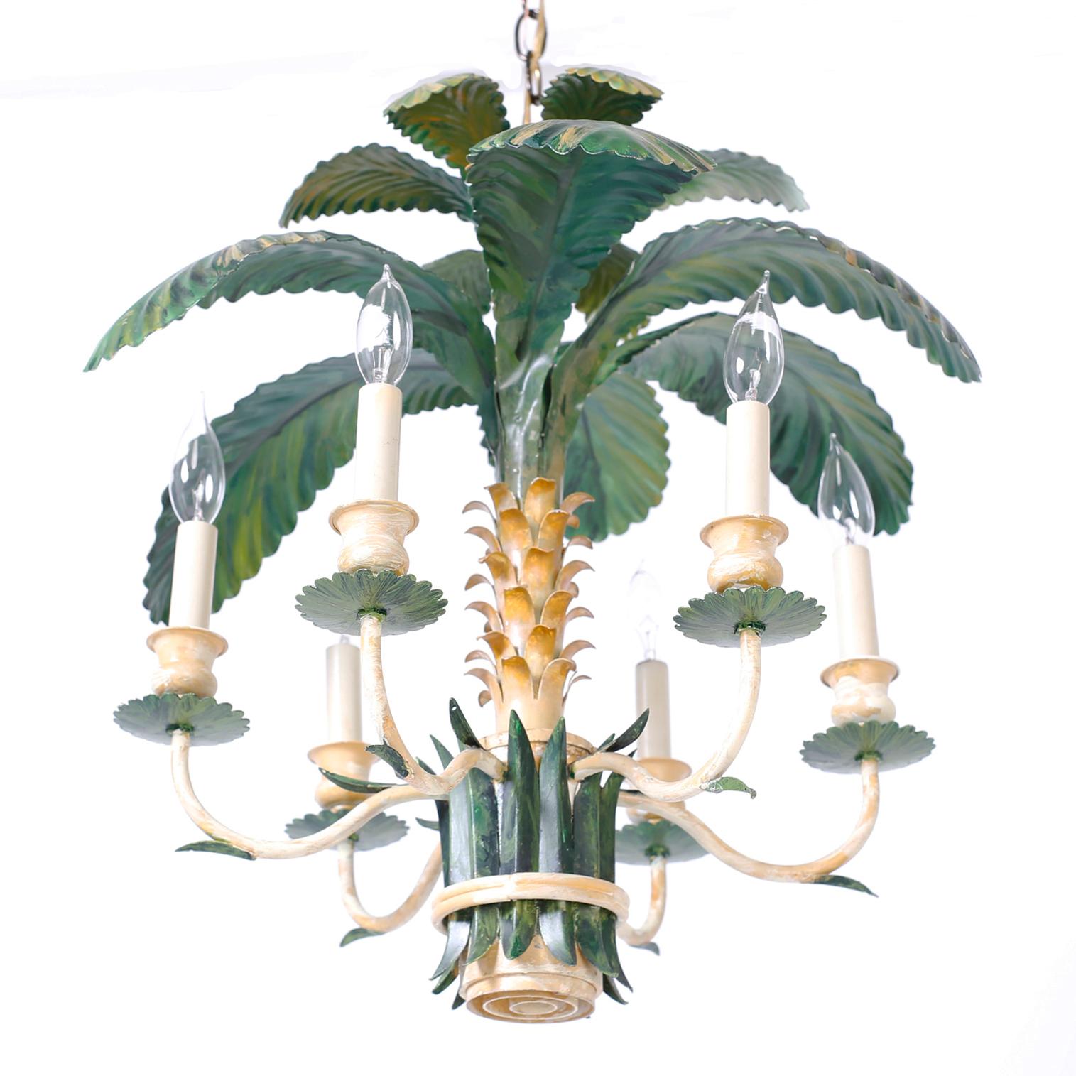 Hand-Painted Painted Tole Palm Tree Chandelier