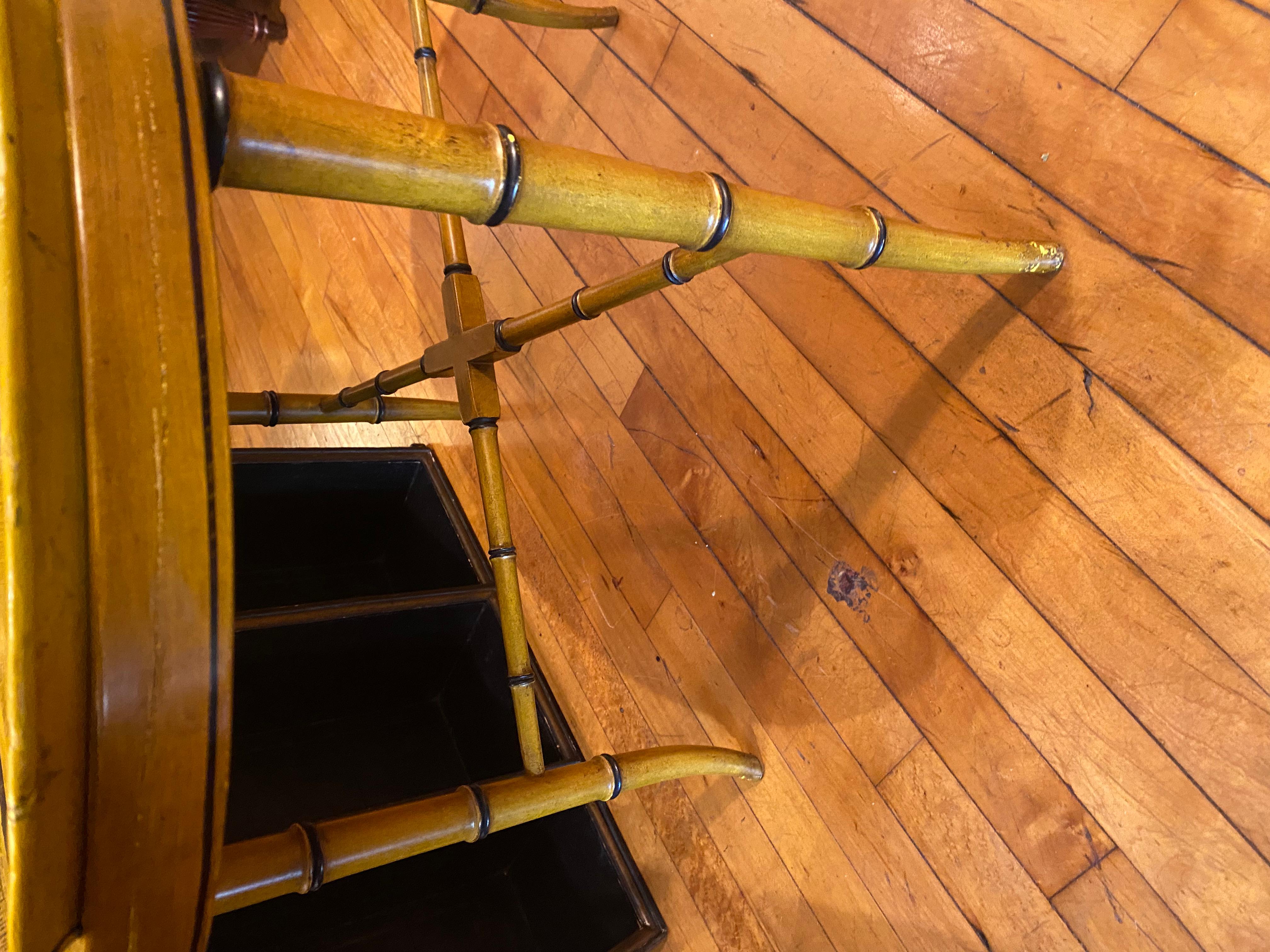 Regency Revival Painted tole tray on an ochre ground, mounted on a bespoke, faux bamboo stand. For Sale