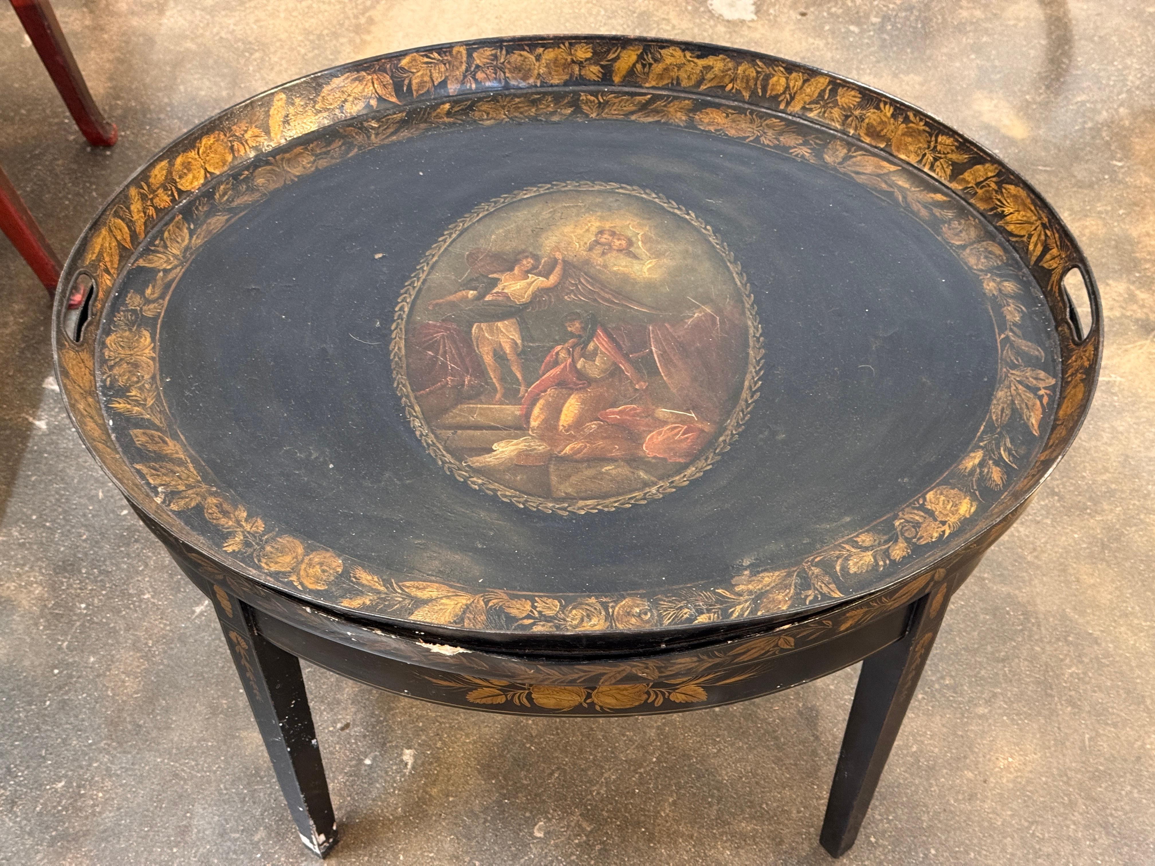 19th Century Painted Tole Tray on Stand For Sale