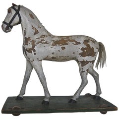 Painted Toy Wooden Horse on Wheels, Swedish 19th Century