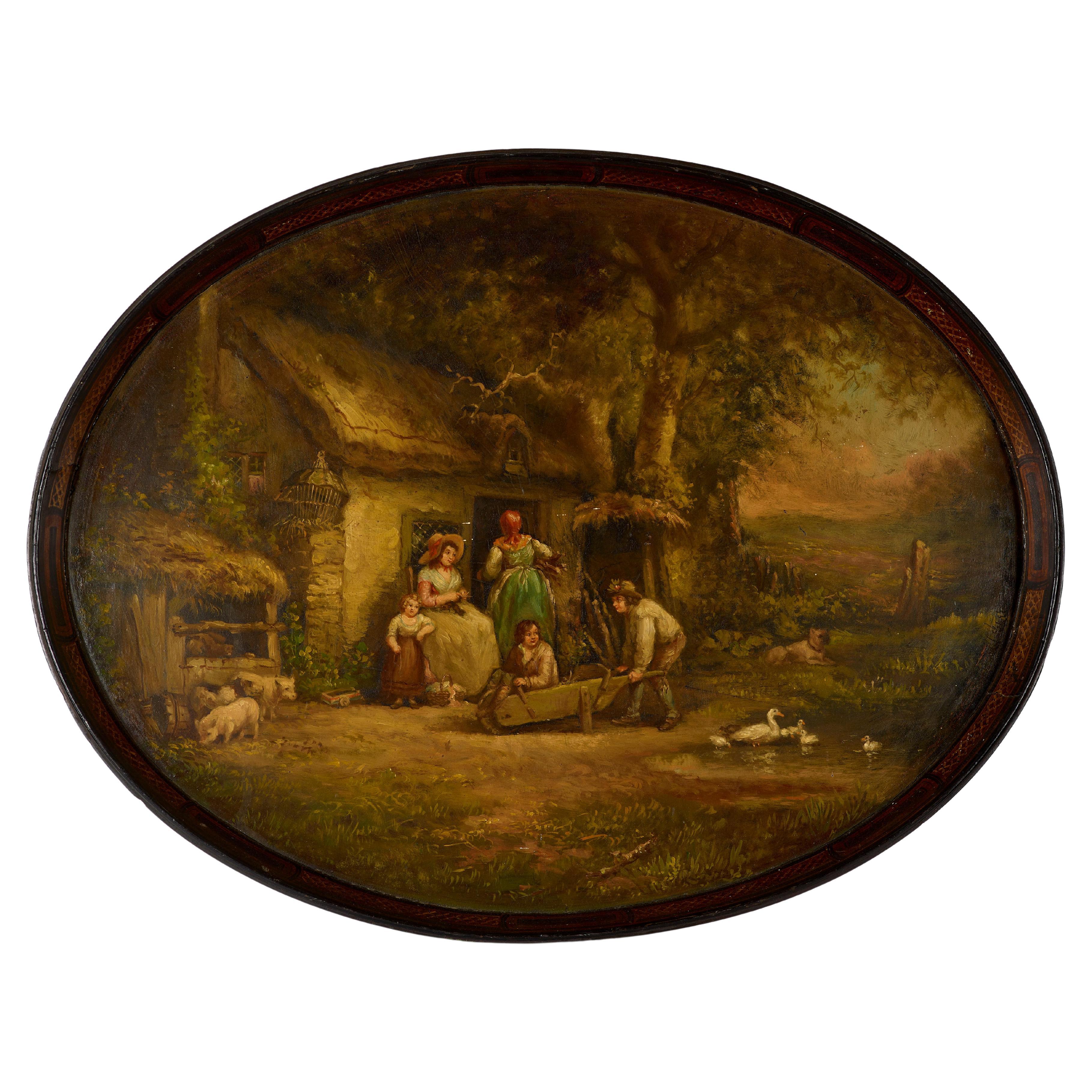 Painted tray showing rural scene Marked Wontner and C Benson London
