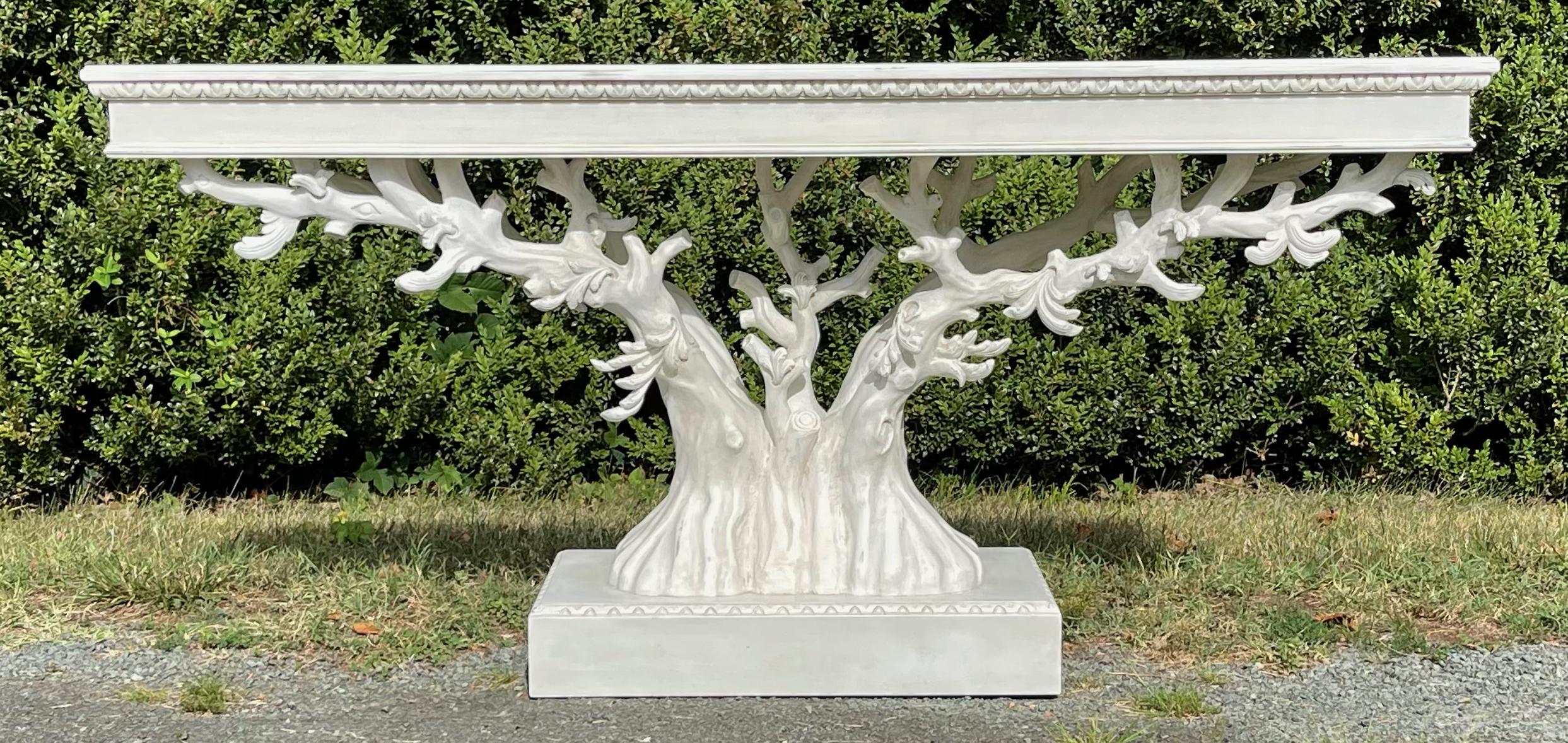 A late 20th C. custom painted composite tree form console table.