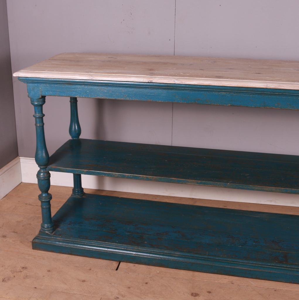 19th C painted two tier drapers table. 1890.

Dimensions
96 inches (244 cms) Wide
23.5 inches (60 cms) Deep
35 inches (89 cms) High.