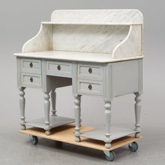 Grand Swedish 1800s Pale Grey Blue Kitchen Island Piece with Shelved Marble Top