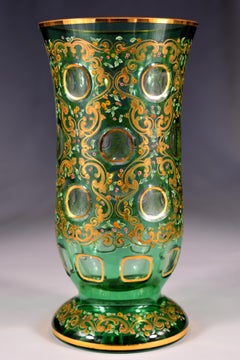 Painted Vase - Overlay Green Glass - 20th Century Bohemian Glass