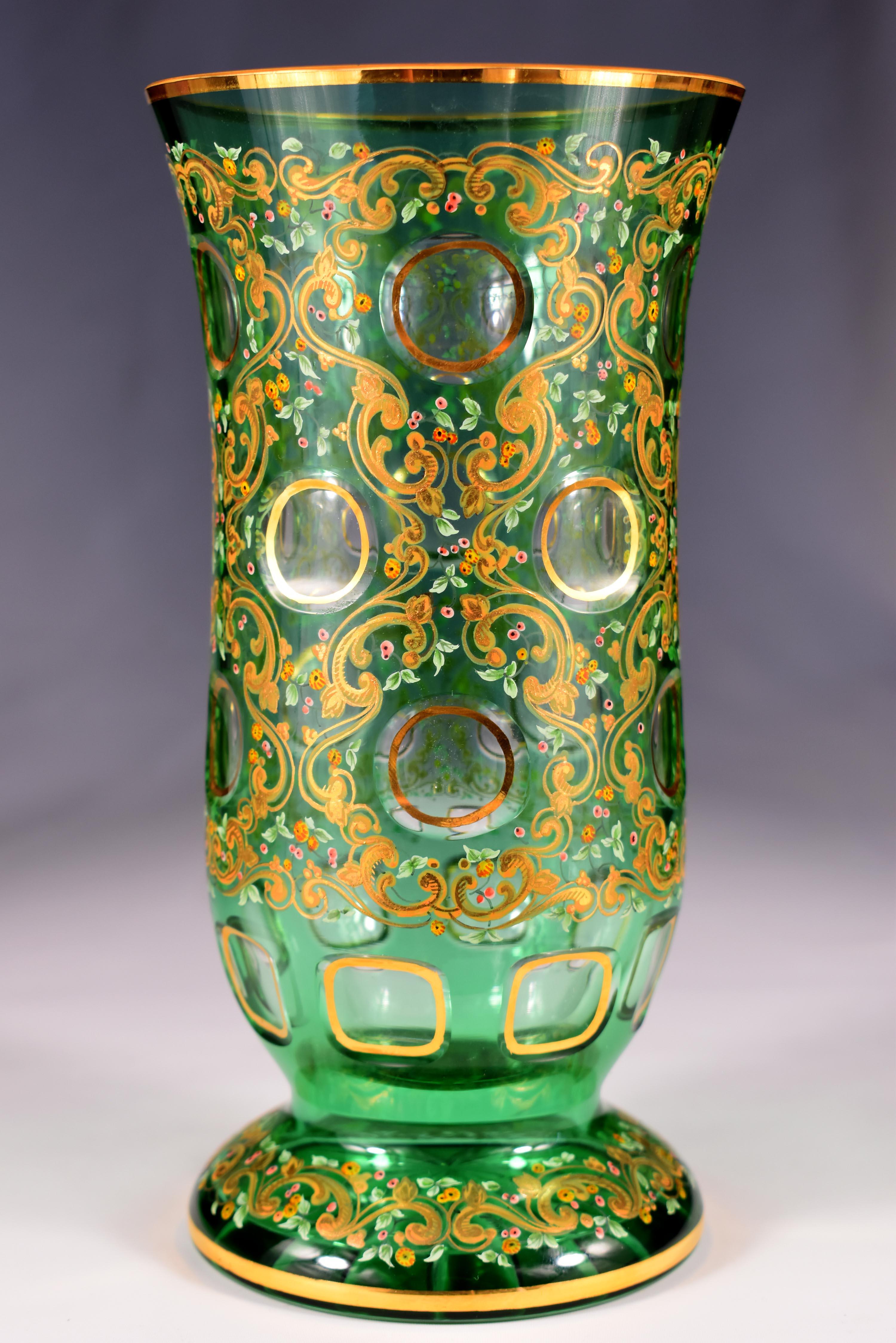 Hand-Crafted Painted Vase - Overlay Green Glass - 20th Century Bohemian Glass For Sale