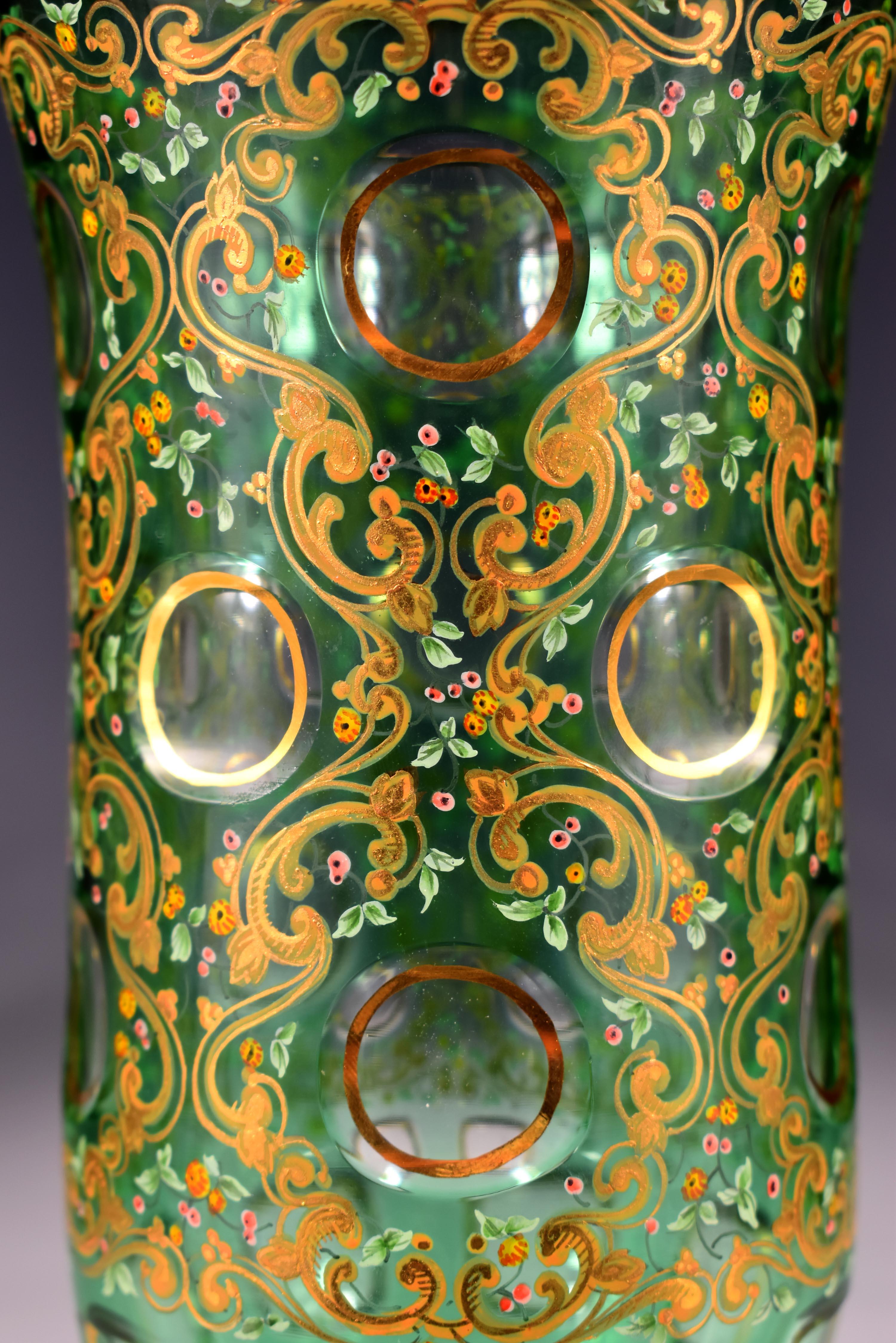 Painted Vase - Overlay Green Glass - 20th Century Bohemian Glass In Good Condition For Sale In Nový Bor, CZ