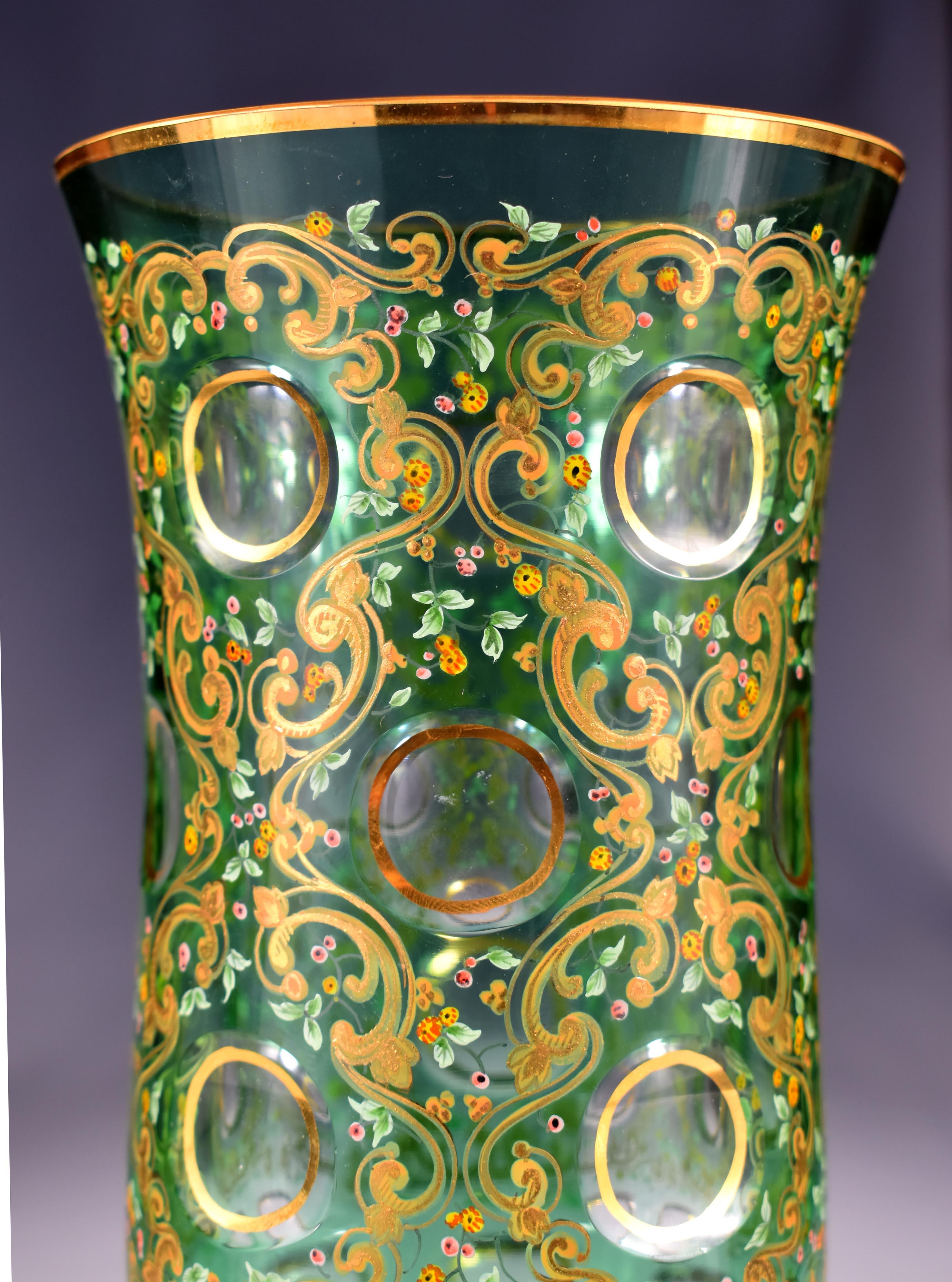 Painted Vase - Overlay Green Glass - 20th Century Bohemian Glass For Sale 1