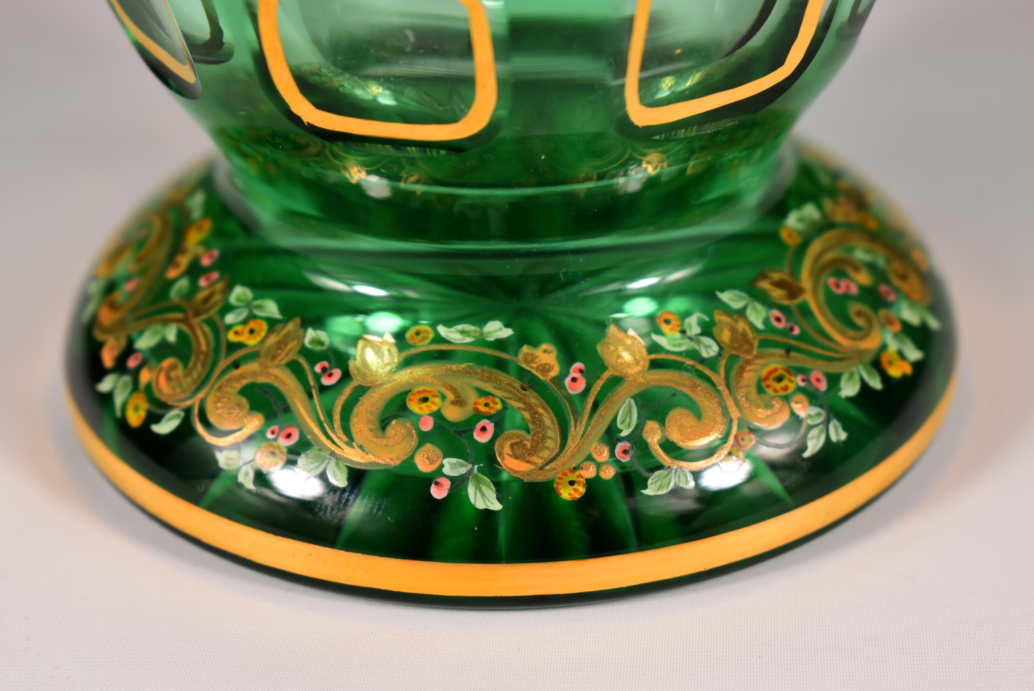 Painted Vase - Overlay Green Glass - 20th Century Bohemian Glass For Sale 2