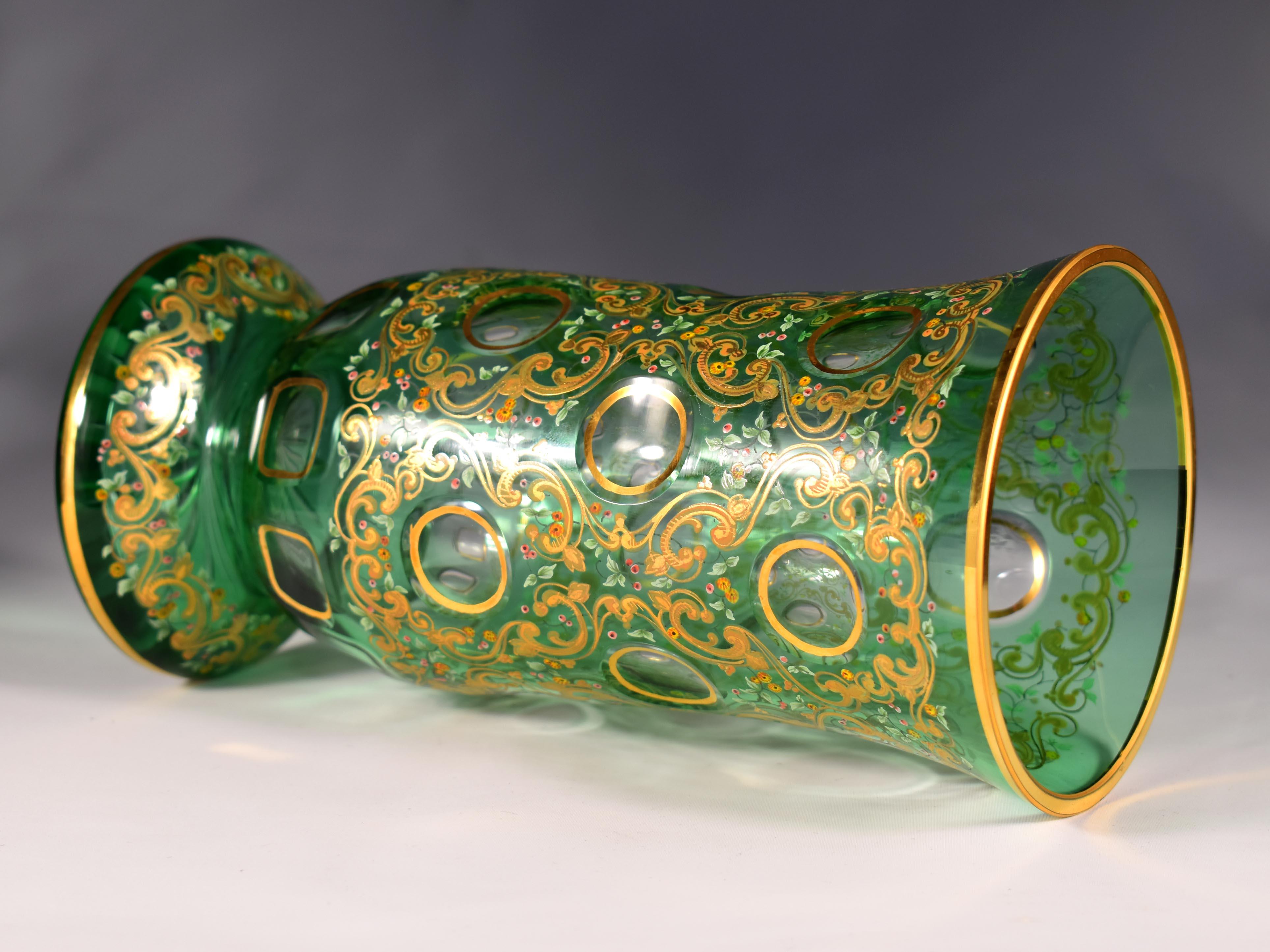 Painted Vase - Overlay Green Glass - 20th Century Bohemian Glass For Sale 3