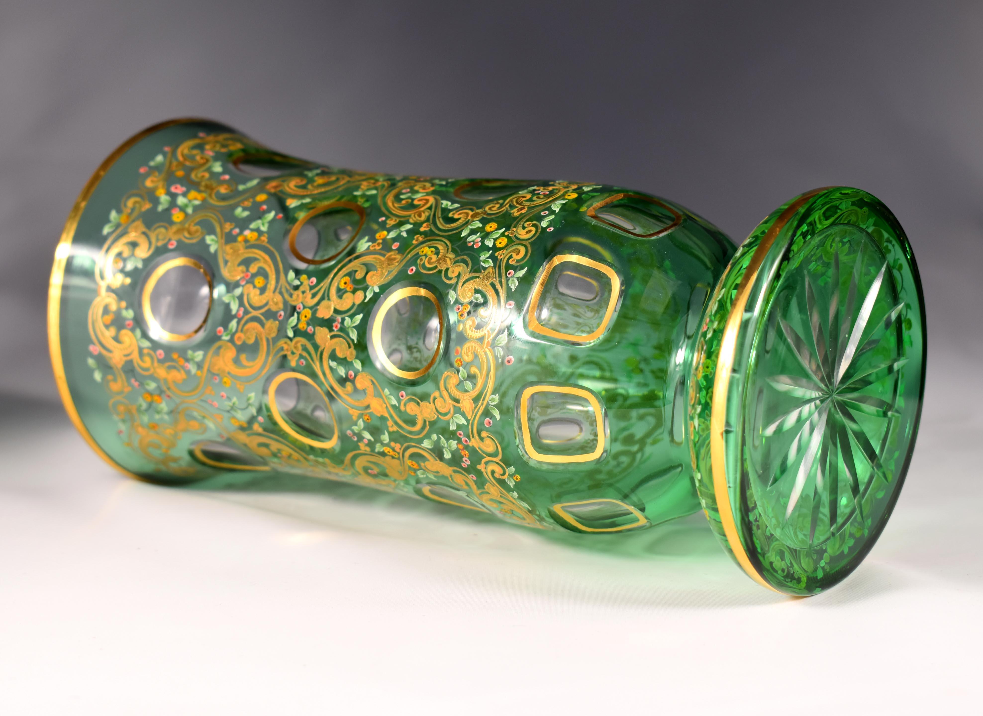 Painted Vase - Overlay Green Glass - 20th Century Bohemian Glass For Sale 4