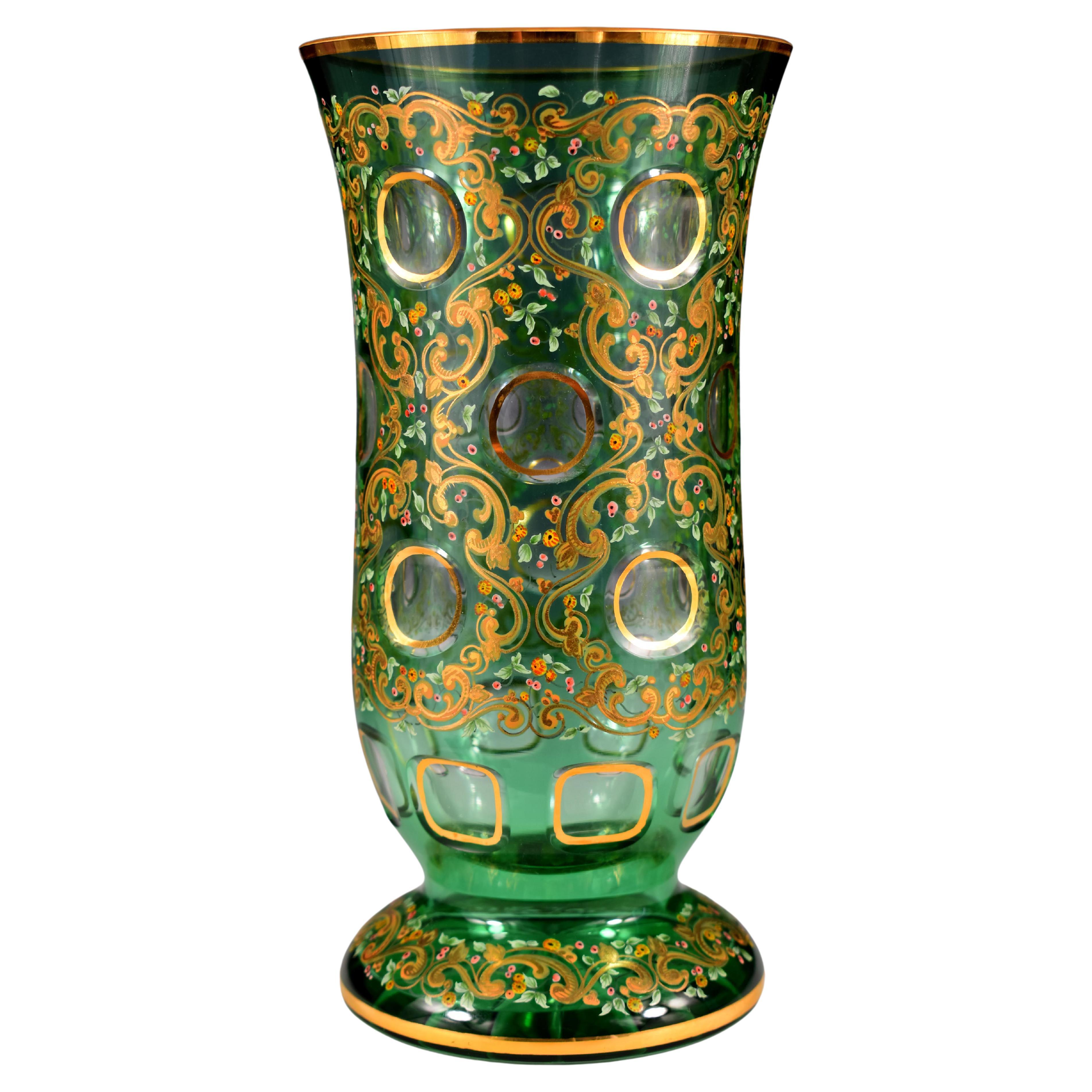 Painted Vase - Overlay Green Glass - 20th Century Bohemian Glass For Sale