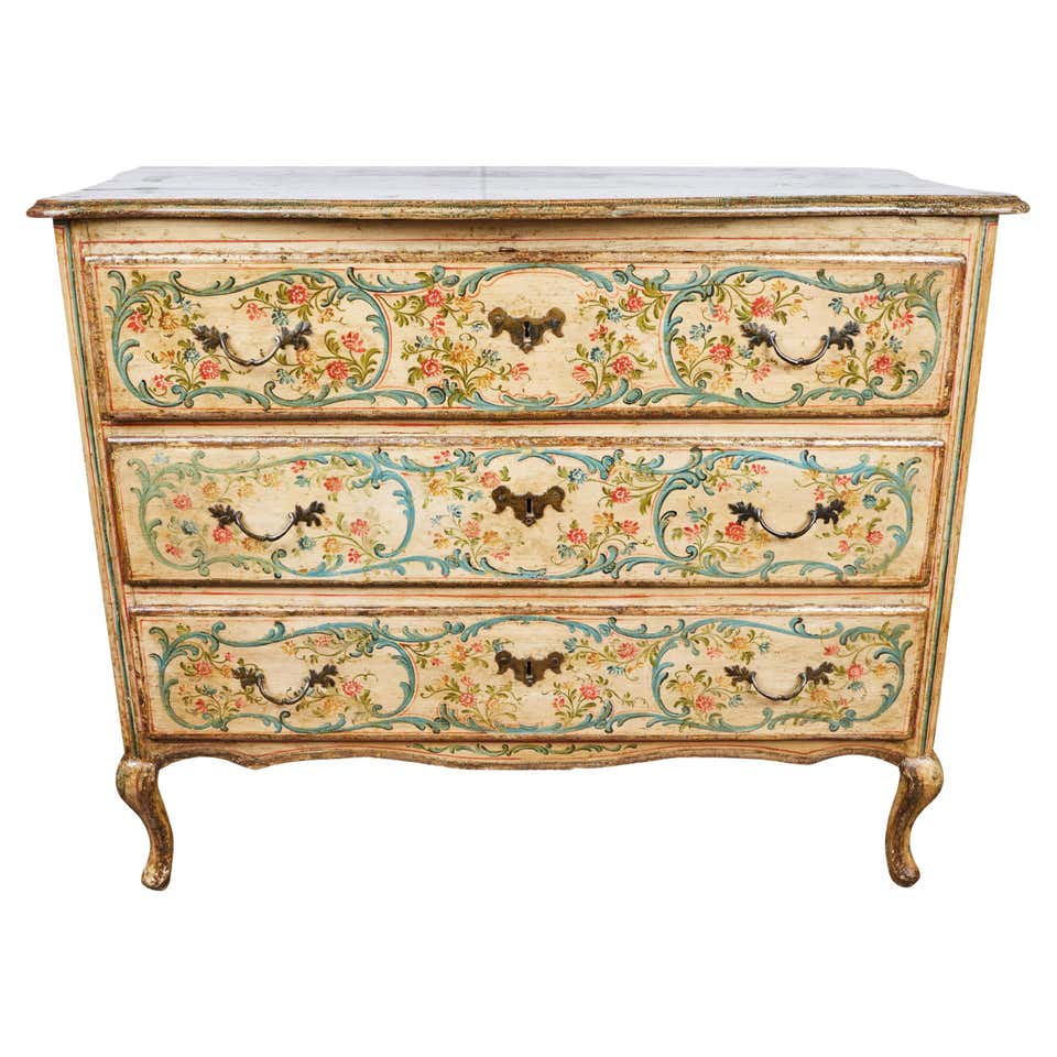 1900s Vintage/ Antique Venetian, Parcel Gilt, Painted-Decorated Bombe ...