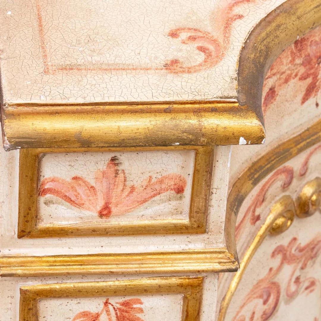 Florentine Style Credenza, with Painted, Gold Gilt  and Crackle Finish. One drawer and one door with original key. Some wear to finish from age and use. Good overall condition.