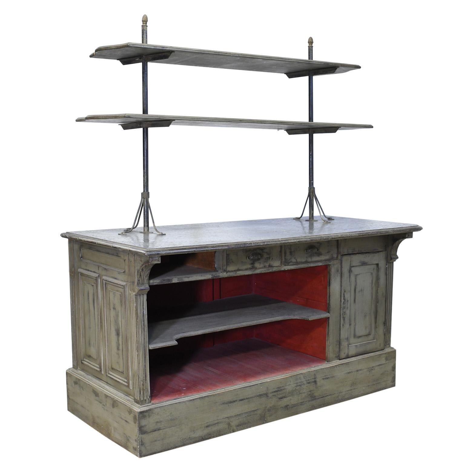 Painted Antique Victorian Store Counter with Zinc Top, England, circa 1880 4