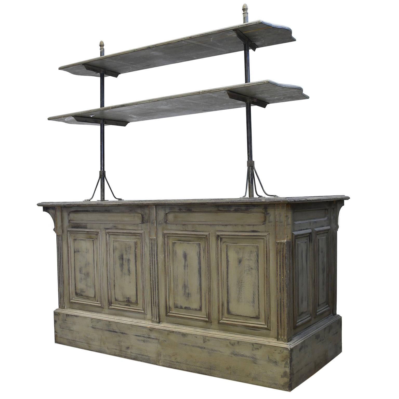 Carved Painted Antique Victorian Store Counter with Zinc Top, England, circa 1880