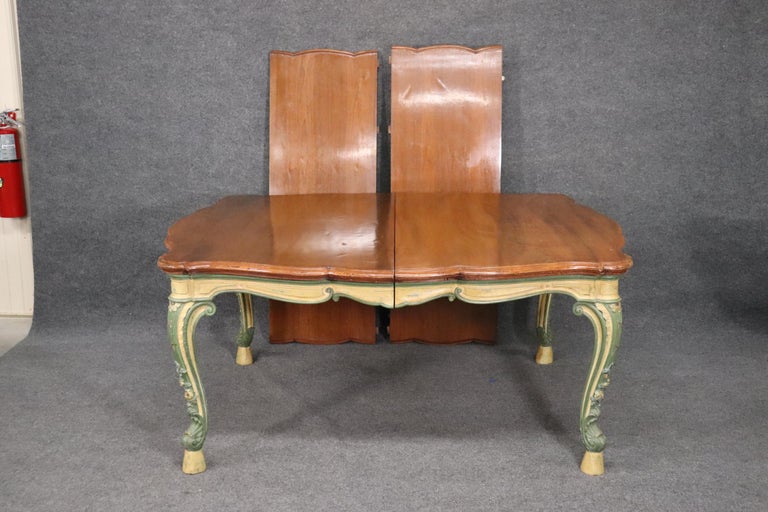 French Provincial Painted Walnut Top French Country Louis XV Dining Table with Two Leaves