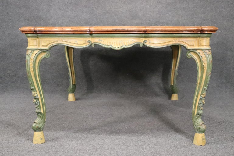 American Painted Walnut Top French Country Louis XV Dining Table with Two Leaves