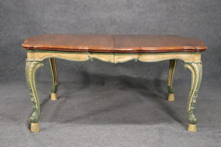 Painted Walnut Top French Country Louis XV Dining Table with Two Leaves In Good Condition In Swedesboro, NJ