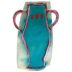 Painted White Stoneware Flat Vase with Aqua and Hot Pink by Alison Owen