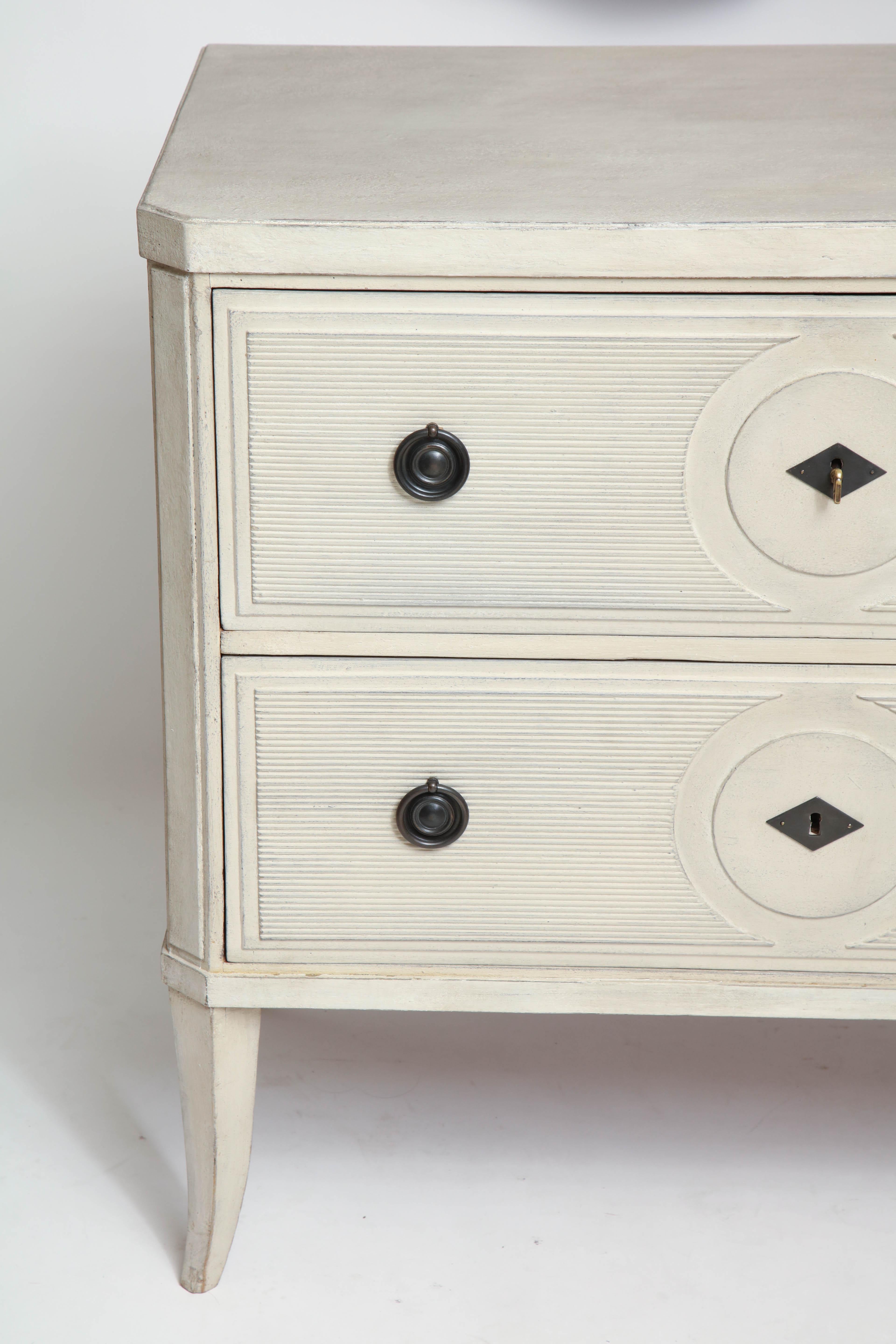 Gustavian Painted White Two-Drawer Commode with Ribbed Detailing, Belgium, circa 1950 For Sale