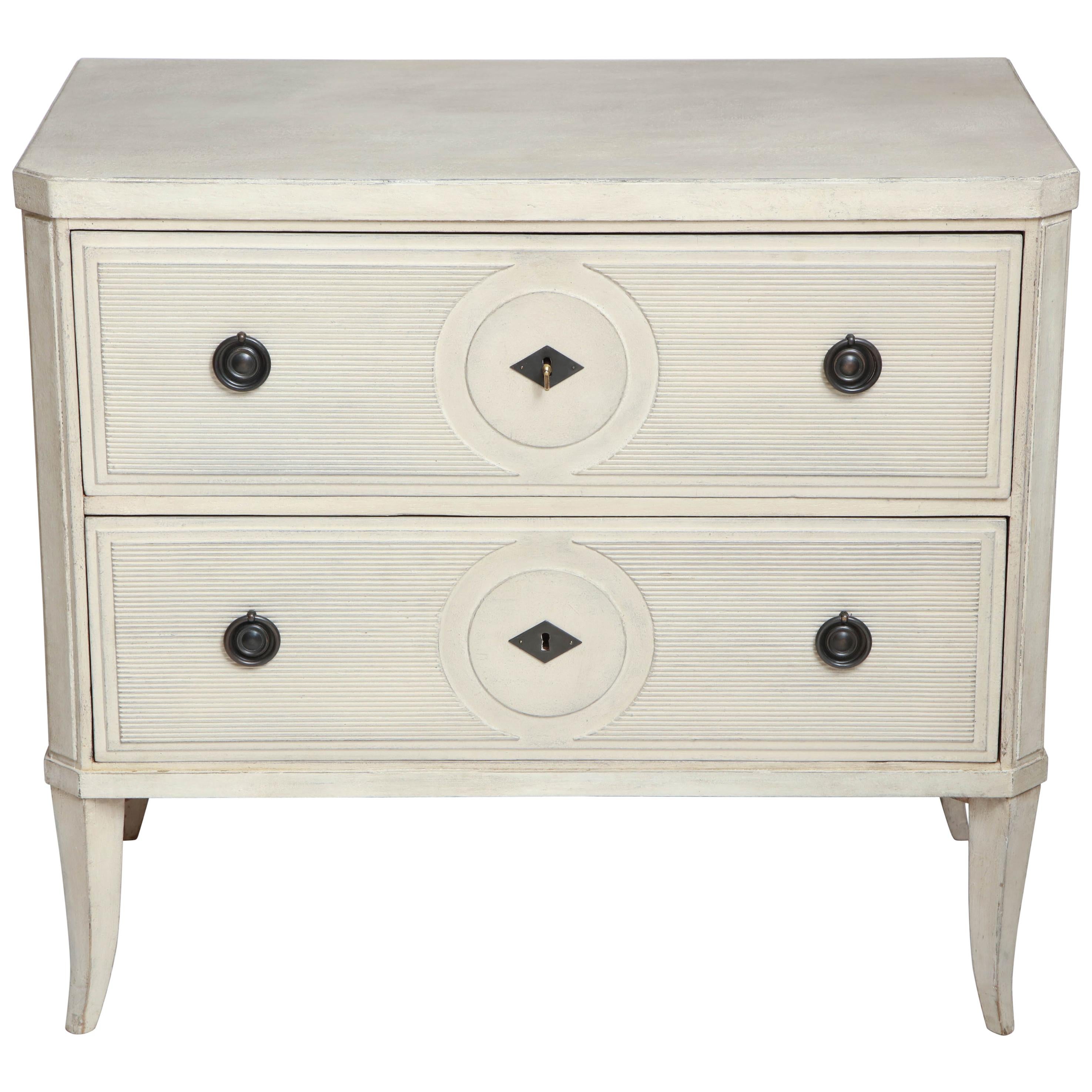 Painted White Two-Drawer Commode with Ribbed Detailing, Belgium, circa 1950 For Sale