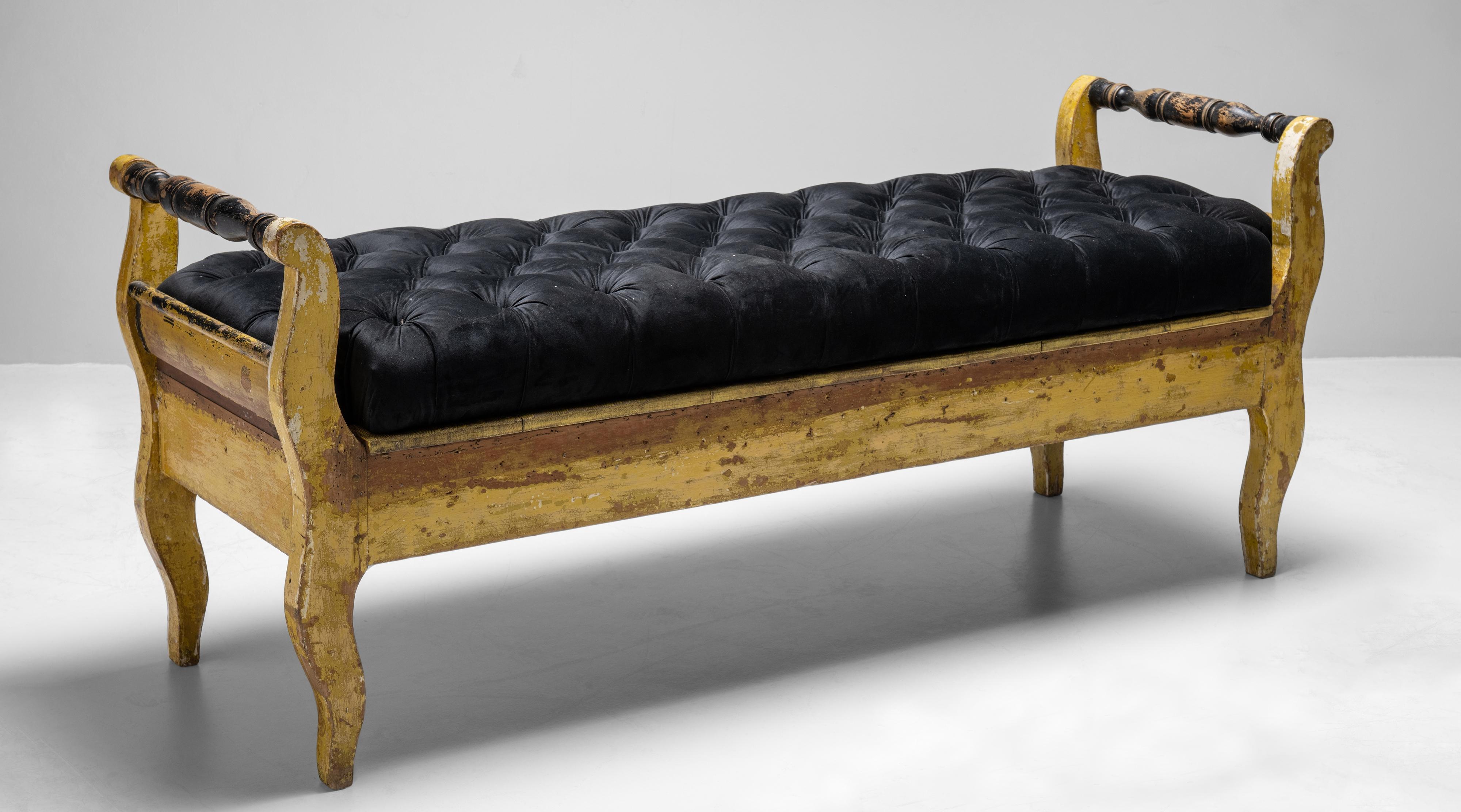 Painted window seat

France circa 1860

Original painted window seat upholstered in deep pile rich black velvet to compliment the ebonised rails and contrasting yellow paint.

Measures: 69” W x 22.5” D x 29” H x 23” seat

$ 6,800.

  