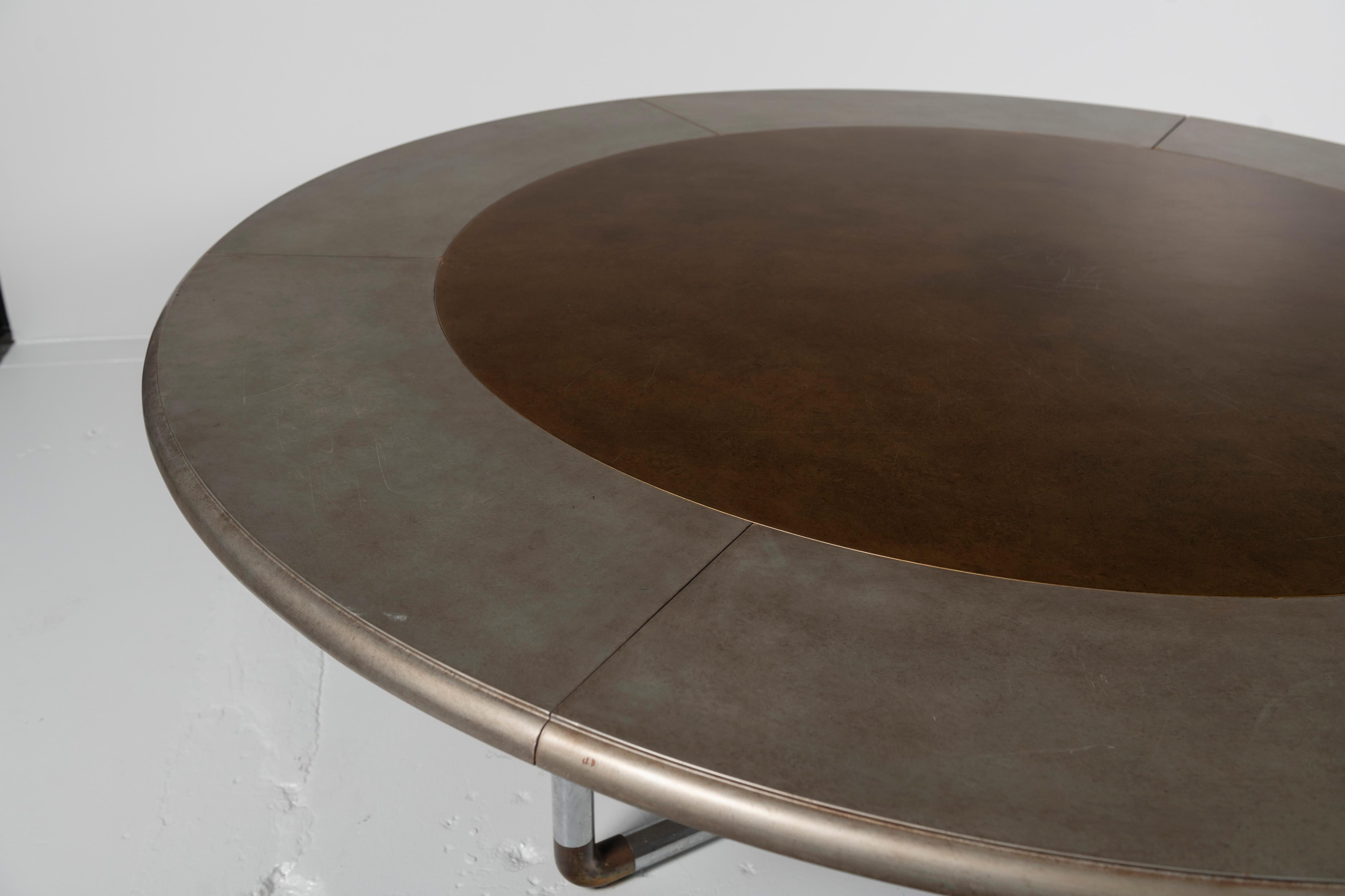 Mid-Century Modern Painted Wood and Chrome Dining Table, Round with Six Leaves For Sale