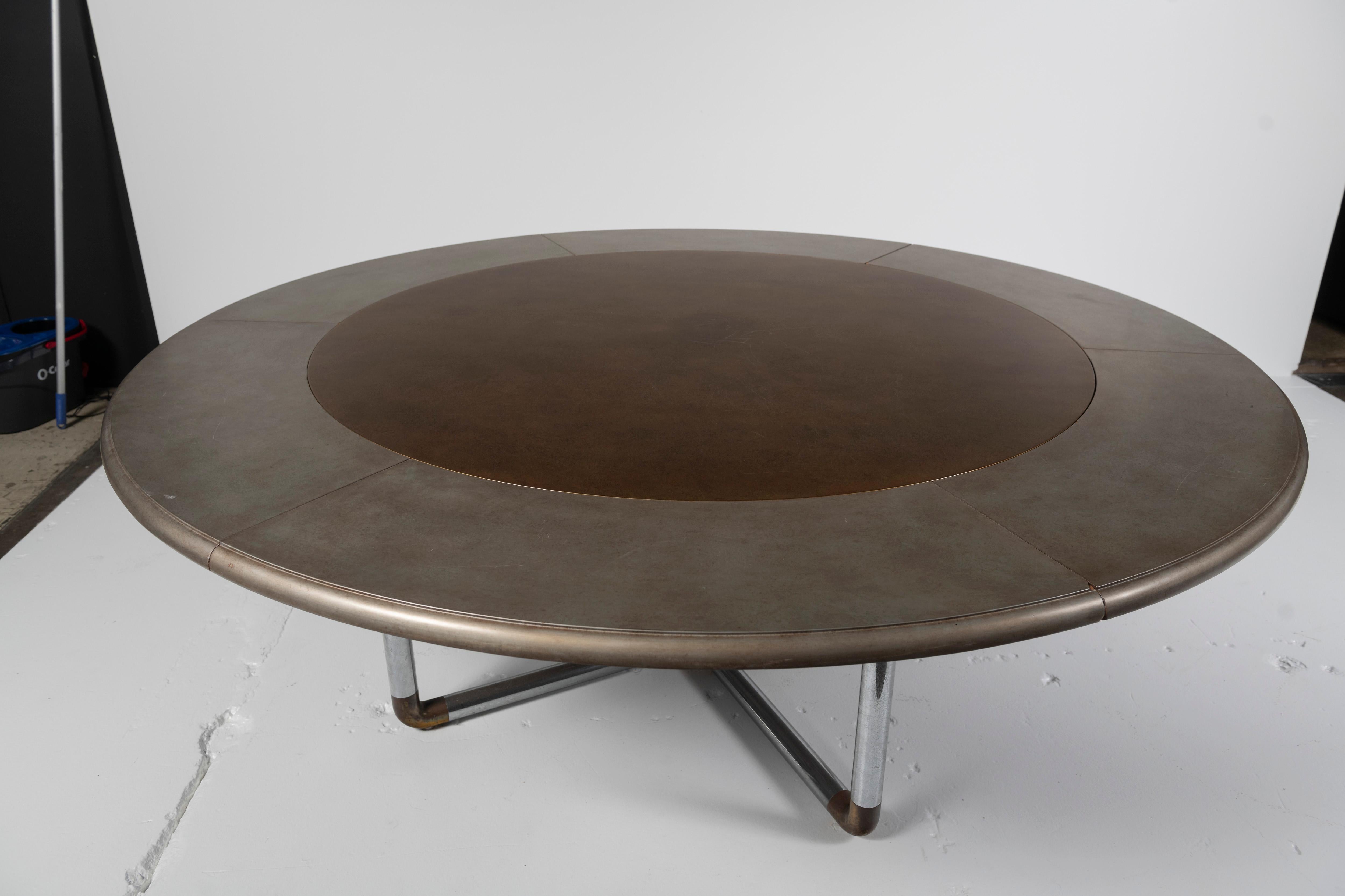 American Painted Wood and Chrome Dining Table, Round with Six Leaves For Sale